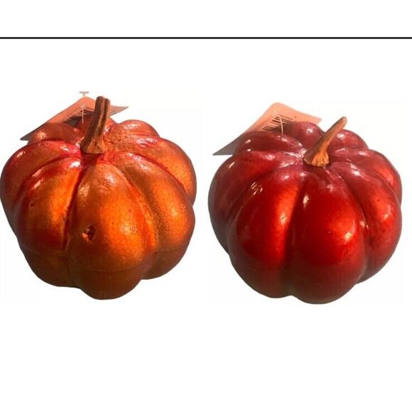 PUMPKINS Lot Of 2 Adorable Little Shiny Orange Pumpkins - Picture 1 of 9